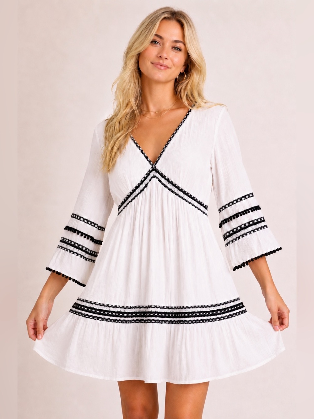 INC International Concepts White Boho Peasant Mini Dress XL Black Trim Babydoll